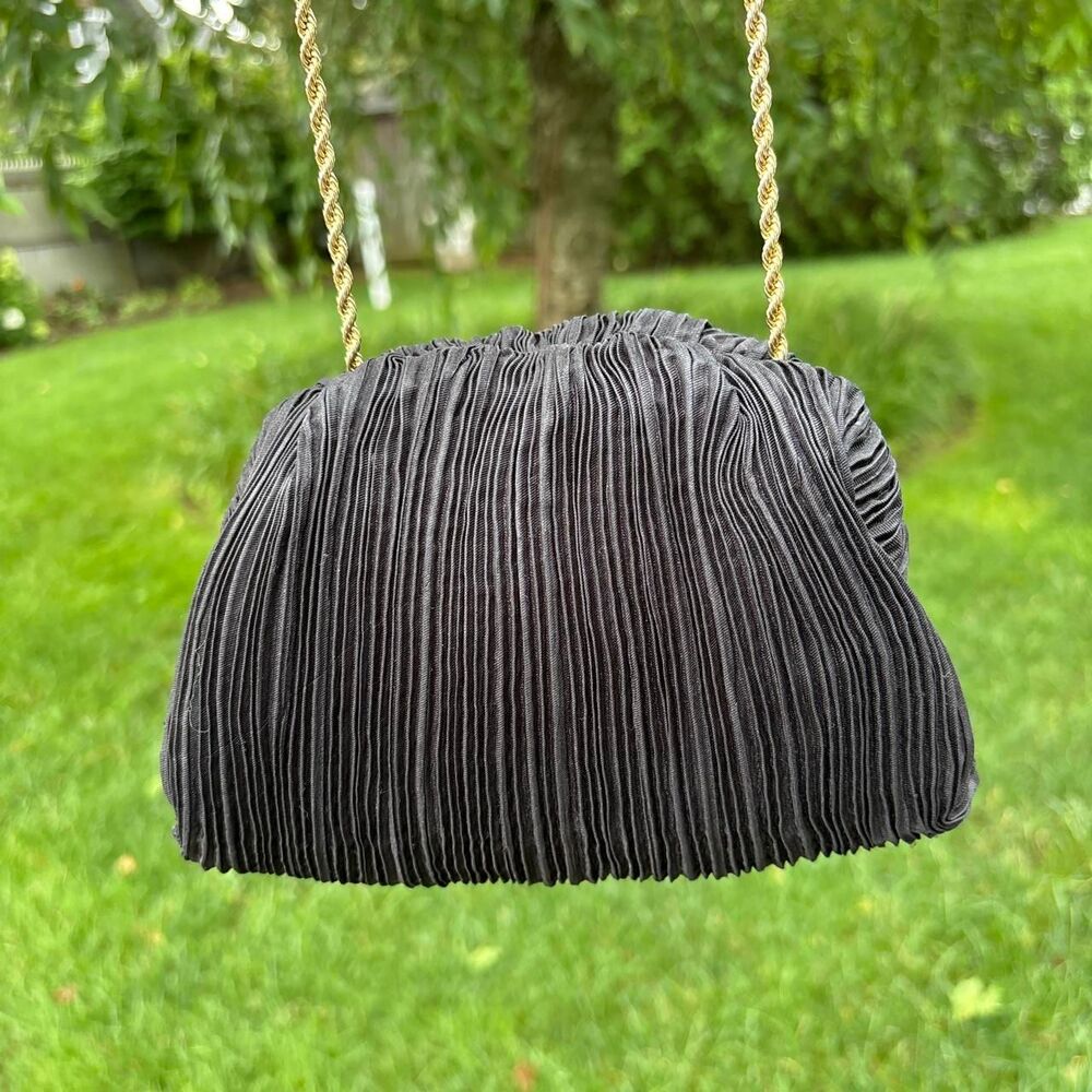Loeffler Randall Bailey Pleated Black clutch with gold chain strap